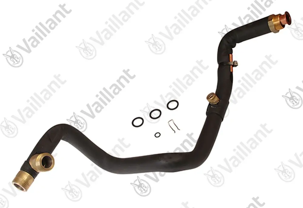 Vaillant Rohr mit mehreren Anschlüssen und Dichtungen, geformt für den Anschluss in Heizsystemen. Sichtbare Metall- und Gummikomponenten.